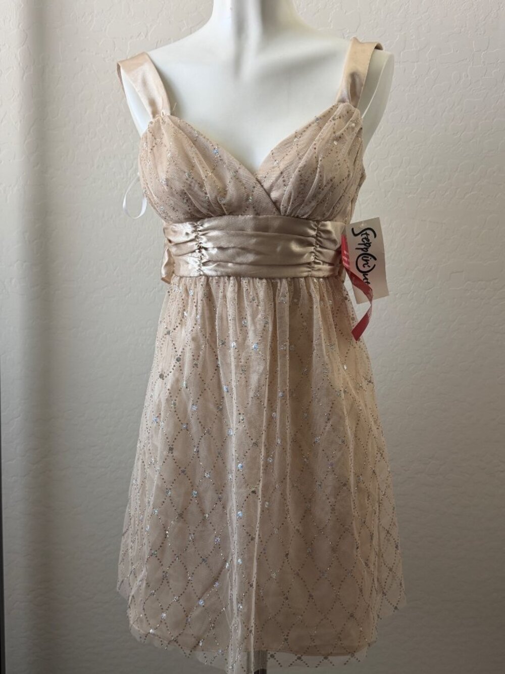 y2k New! Steppin' Out Beige Champagne Gold Lace Glitter Empire Waist Dress